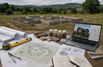Editorial architectural planning scene showing a modern countryside house design process on a worktable and site context: rolled blueprints, site survey tools, measuring tape, level, compass, soil sample containers, material swatches, and a laptop displaying a 3D house model and floor plan next to a landscape plan with plot boundaries, sunlight orientation arrows, foundation sketches, and budget notes represented as clean charts without readable text. In the background, a partially constructed house foundation on a grassy plot with stakes, strings, and marked setbacks, under soft natural daylight. Style: realistic, high-detail, professional editorial photography, muted earth tones, crisp composition, subtle depth of field, emphasis on careful planning, compatibility, and quality control. No people, no logos, no visible text.