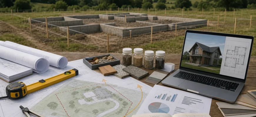 Editorial architectural planning scene showing a modern countryside house design process on a worktable and site context: rolled blueprints, site survey tools, measuring tape, level, compass, soil sample containers, material swatches, and a laptop displaying a 3D house model and floor plan next to a landscape plan with plot boundaries, sunlight orientation arrows, foundation sketches, and budget notes represented as clean charts without readable text. In the background, a partially constructed house foundation on a grassy plot with stakes, strings, and marked setbacks, under soft natural daylight. Style: realistic, high-detail, professional editorial photography, muted earth tones, crisp composition, subtle depth of field, emphasis on careful planning, compatibility, and quality control. No people, no logos, no visible text.