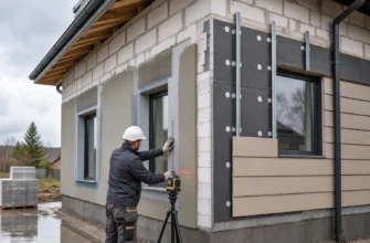 Строитель выравнивает фасад дома с помощью лазерного уровня